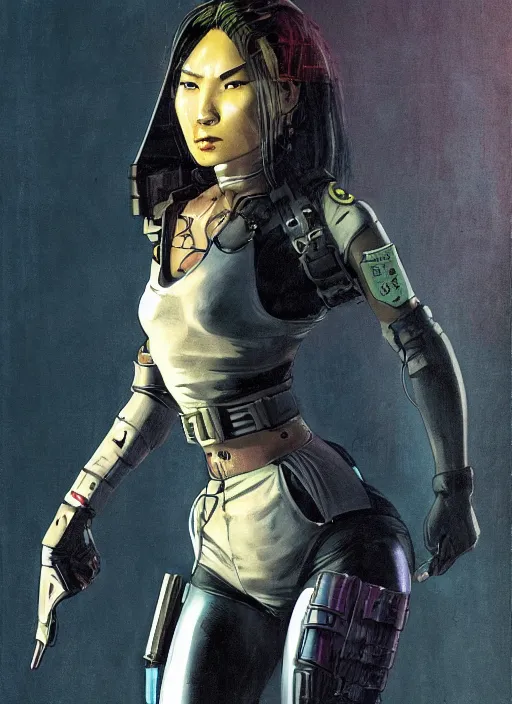 Image similar to nikki tanaka. cyberpunk mercenary in tactical harness and jumpsuit. dystopian. portrait by stonehouse and mœbius and will eisner and gil elvgren and pixar. realistic proportions. cyberpunk 2 0 7 7, apex, blade runner 2 0 4 9 concept art. cel shading. attractive face. thick lines. moody industrial landscape.