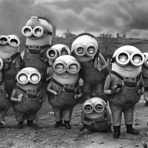 Image similar to Minions as World War 2 soldiers, historical photography, 4k