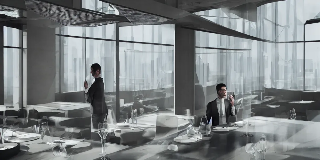 Prompt: Fish in suit sitting at white delicate sumptuous table eating salmon sashimi with huge floor to ceiling windows behind, selfie, dramatic lighting, volumetric lighting, photorealistic, cinematic lighting, high detail, cinematic feel, high octane, 4K, Unreal Engine, digital render, intricate, ultra realistic, concept art