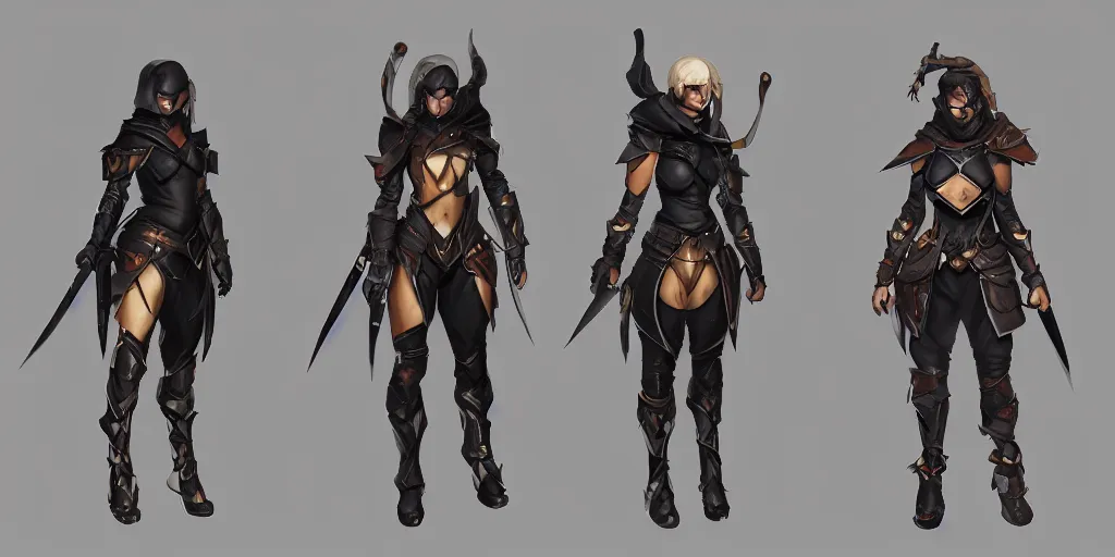 Prompt: three different views of a rogue armor set with blades and leather straps and belts and knives and shurikens, concept art by senior character artist, trending on artstation, artstation hd, full body