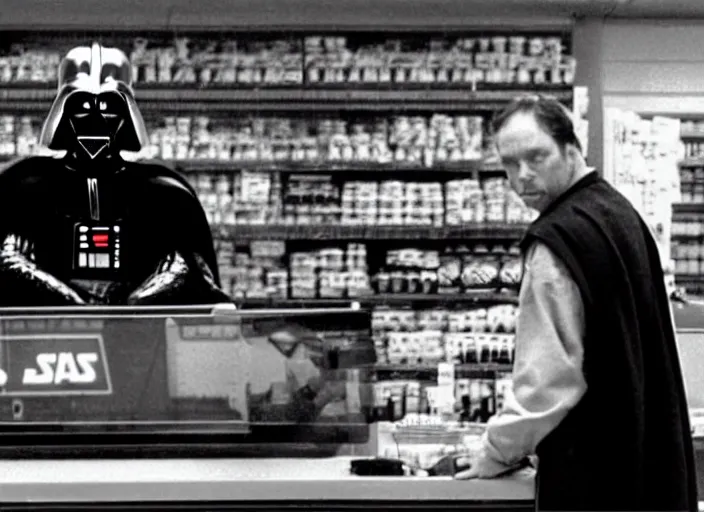 Image similar to film still of Darth Vader working as a clerk in a convenience store in Clerks movie 1994