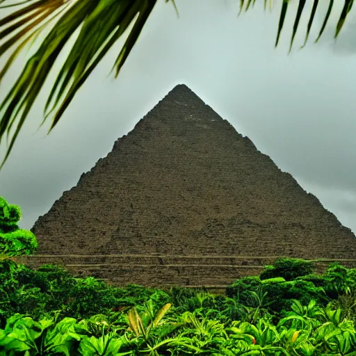 Prompt: a giant pyramid in a tropical jungle. overcast sky, grainy.