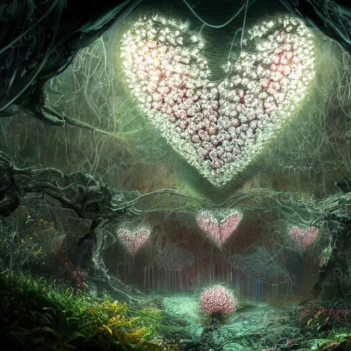 Image similar to biocomputer heart organ intertwined with white biocomputer flowers and biomechanical flowers in a cave robotic forest, intricate environment, matte painting, diffused lighting, highly detailed cinematic, atmosphere, diffused lighting, highly detailed digital art, trending on artstation, depth of field, wide angle