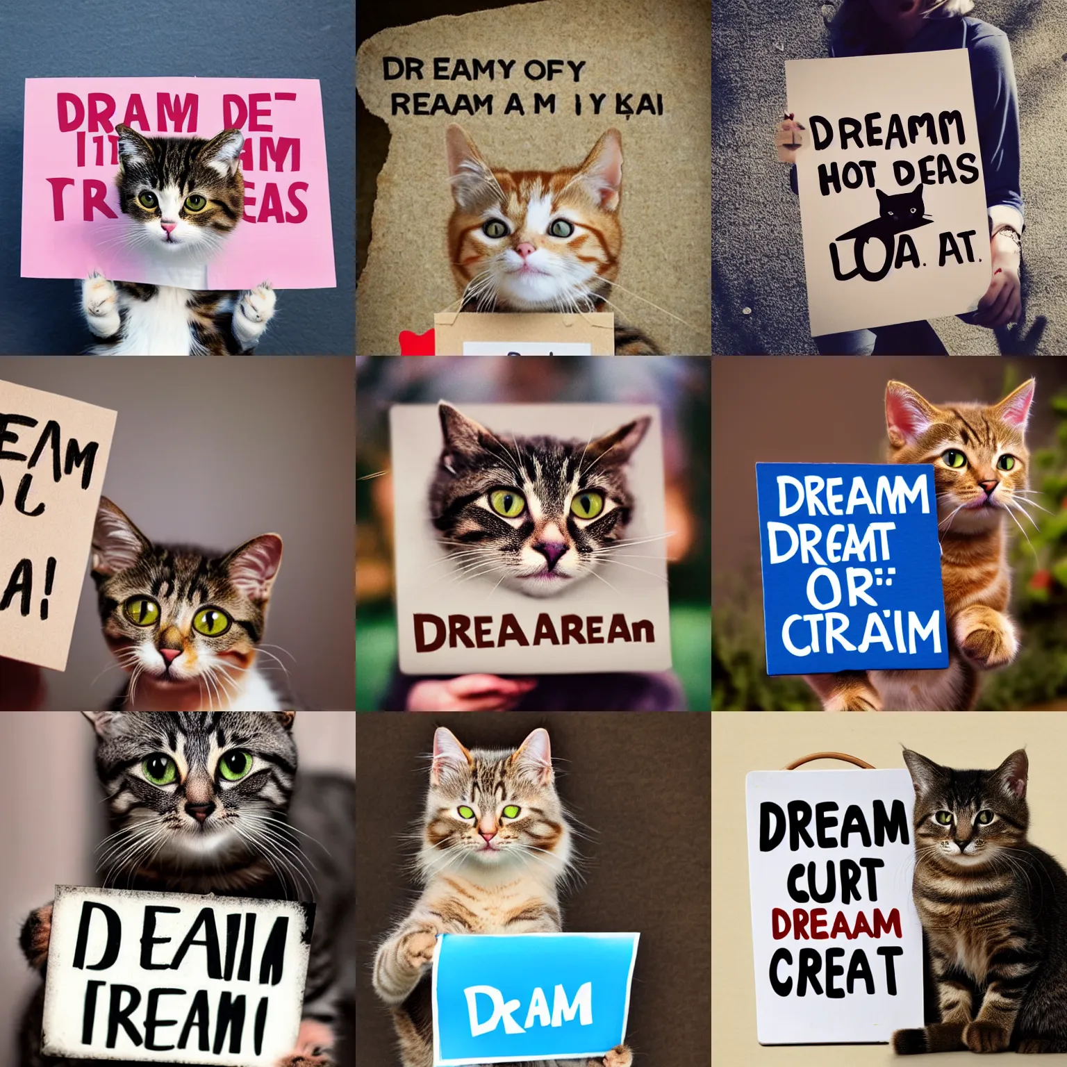 Image similar to realistic high quality photo of a cute cat holding a sign with text that reads : dream cat