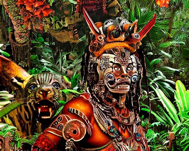 Image similar to mayan jaguar warrior exploring an alien garden las pozas, 1 9 7 0's sci - fi, lofi technology, deep aesthetic colors, 8 k, highly ornate intricate details, extreme detail, cut out collage, william s burroughs