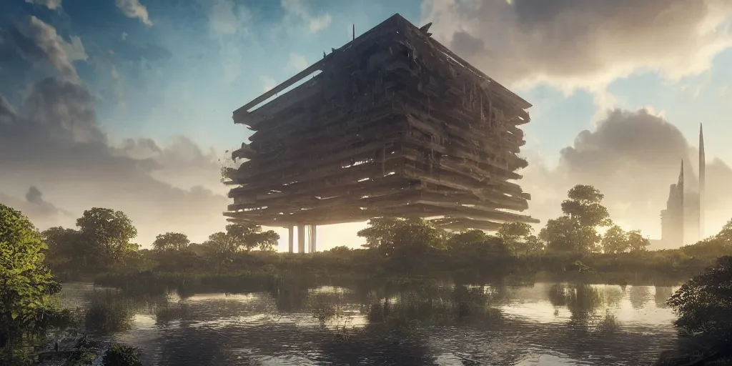 Image similar to an extremely detailed cathedral of brutalist architecture, surrounded by lush green forest, ponds of water, stunning volumetric lighting, sunset, rusted steel, smooth concrete, stunning skies, trending on Artstation, 8k, photorealistic, hyper detailed, unreal engine 5, IMAX quality, cinematic, epic lighting, in the style of Greg Rutkowski