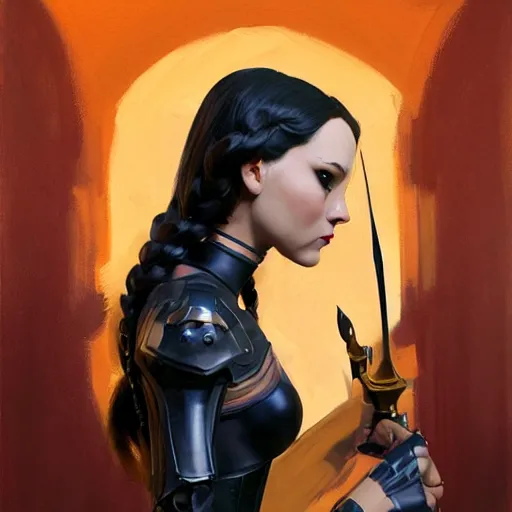 Image similar to greg manchess portrait painting of partially armored wednesday from addams family as overwatch character, medium shot, asymmetrical, profile picture, organic painting, sunny day, matte painting, bold shapes, hard edges, street art, trending on artstation, by huang guangjian and gil elvgren and greg rutkowski