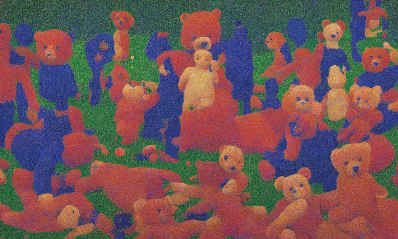 Image similar to a teddy bear birthday party, from the terrifying and incomprehensible beyond, body horror, by david hockney, seurat technicolor