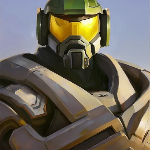 Image similar to greg manchess portrait painting of master chief as overwatch character, medium shot, asymmetrical, profile picture, organic painting, sunny day, matte painting, bold shapes, hard edges, street art, trending on artstation, by huang guangjian and gil elvgren and sachin teng