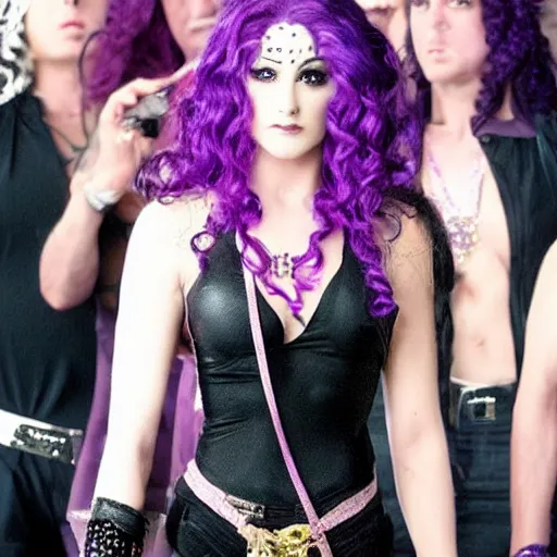 Prompt: a film still of Kars from jojo with purple hair in Magic Mike(2012)