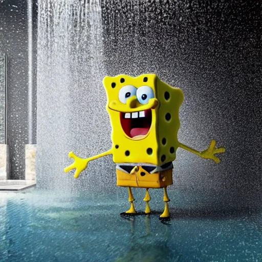 Image similar to spongebob standing in large shower, 4 k realistic photo