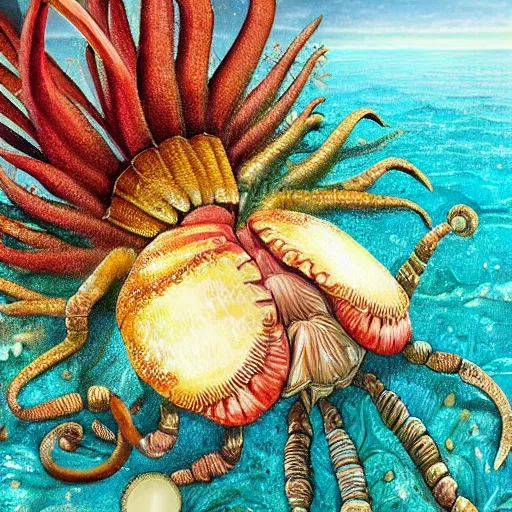 Prompt: liberty maximalist elaborate photorealistic interesting fantasy fantastic hermitcrab paguroidea on the ocean ground. childrenbook scientific illustration in vibrant natural tones. dreamy hyperrealistic textures. hd hyperdetailed octane. matte paper background. in the style of ulriko - e and botticelli