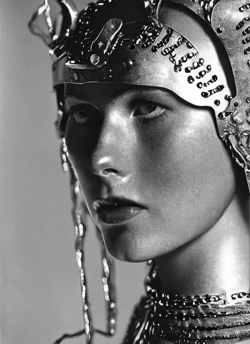 Prompt: close - up portrait of beautiful young woman dressed gladiator with metallic armor, art by imogen cunningham