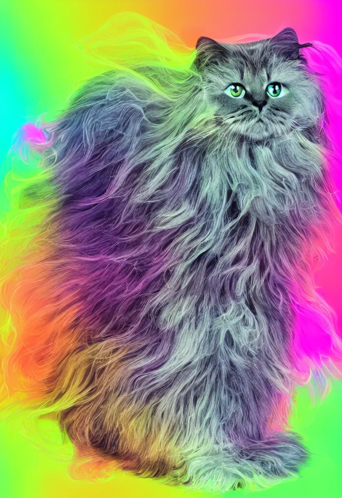 Image similar to longhair floof fluffy coiffed elegant gorgeously cfa champion cute pretty scottish fold cat, radiant with data visualization mathematical diagrams hologram overlay revealing a complex inner mechanations, detailed painting, grisaille dark monochrome with neon fluorescent color airbrush spraypaint accents, by jules julien, wes anderson, lisa frank, basquiat, octane render 4 k