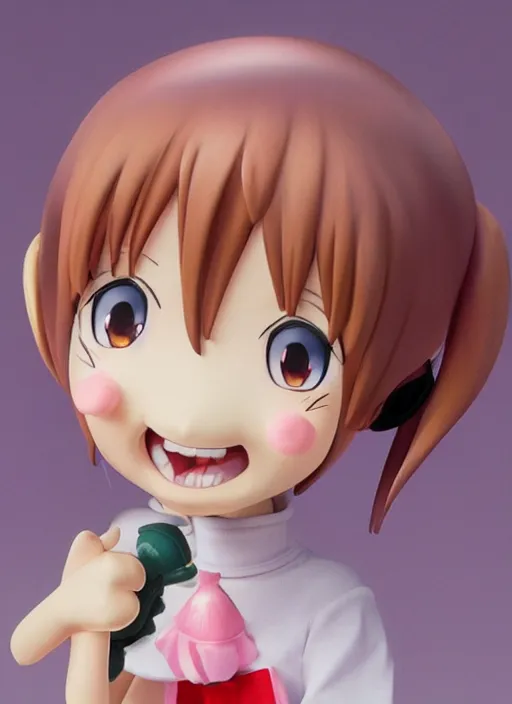 Prompt: a hyperrealistic oil painting of a kawaii anime girl figurine caricature with a big dumb grin featured on wallace and gromit by studio ghibli