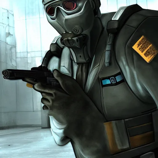 Prompt: Metrocop from Half-Life 2, armed with a USP pistol