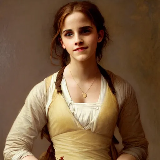 Image similar to Painting of Emma Watson as Hermione Granger. Wearing a golden H necklace. Smiling. Happy. Cheerful. Art by william adolphe bouguereau. During golden hour. Extremely detailed. Beautiful. 4K. Award winning.