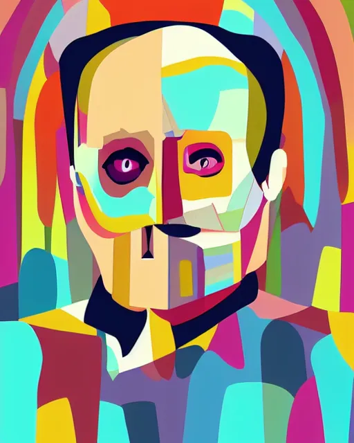 Image similar to cubist portrait of hannibal lecter, cutout digital illustration cartoon colorful beeple vector art