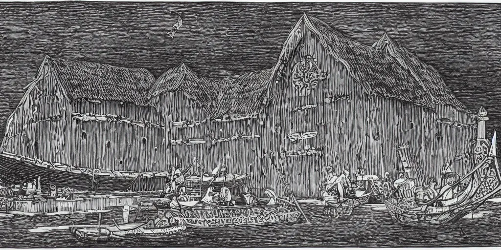 Prompt: Viking palace, beautiful engraving illustration, pure b&w, very detailed