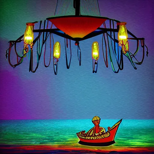 Image similar to a boat - themed chandelier with hundreds of colorful lights hanging from it, a figure lurks in the undergrowth looking at the lights from a distance, digital art