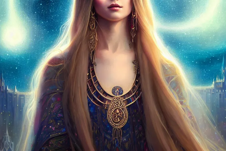 Prompt: masterpiece portrait charming and miracle female luxury astromancer boho accessories in dreamlike movie, high detailed symmetric face, art by artgerm, greg rutkowski, sasoura, satchely, big major starry sky and city in background, uhd, medium long shot, fantasy, no distorsion, sharp focus, front light