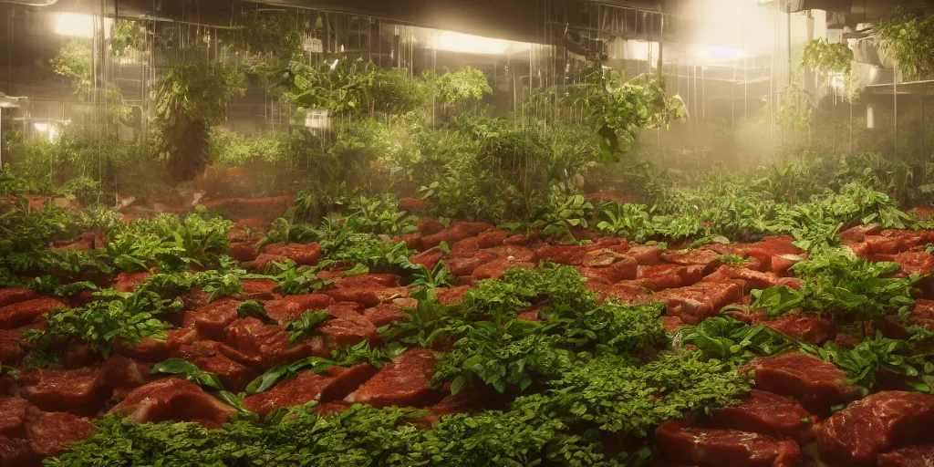 Image similar to plants like meat are irrigated by pipes flowing with milky liquid, central composition, fluid, ultra clear material, volumetric light, lightrays, cinematic, atmospheric, 3 d concept art, octane render, beautiful, cinematic lighting, intricate details.