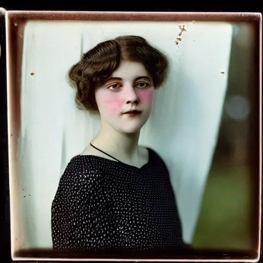 Prompt: a vintage 1 9 1 0 s kodachrome slide portrait of a young woman at home.