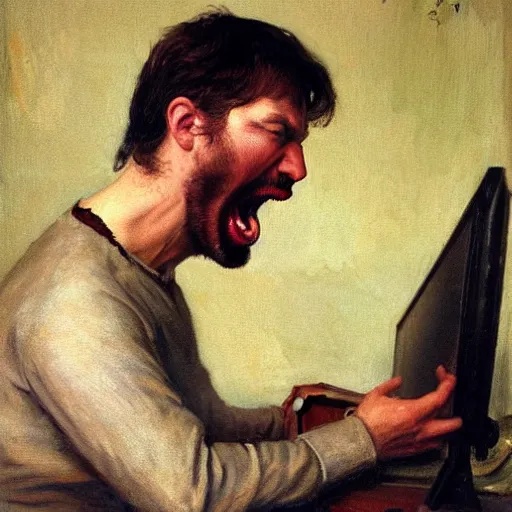 Image similar to an angry man yells at his computer monitor, oil on canvas, 1 8 8 3, highly detailed