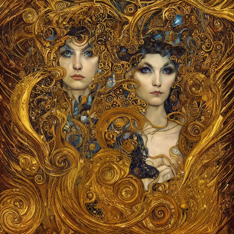 Image similar to Divine Chaos Engine by Karol Bak, Jean Deville, Gustav Klimt, and Vincent Van Gogh, visionary, sacred fractal structures, ornate gilded medieval icon, spirals, 8k 3D