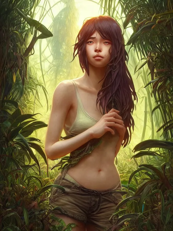 Prompt: full body picture of a female traveler lost in jungle maze, tired, beautiful and aesthetic, intricate, unreal engine, messy hair, highly detailed, detailed face, smooth, sharp focus, chiaroscuro, manga illustration, artgerm, greg rutkowski, ilya kuvshinov, rossdraws, alphonse mucha, young adult light novel cover art