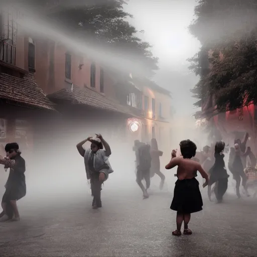 Prompt: a village full of happy people dancing in the streets but in the background is an eerie fog, eerie, foggy, solemn, hd, 4 k