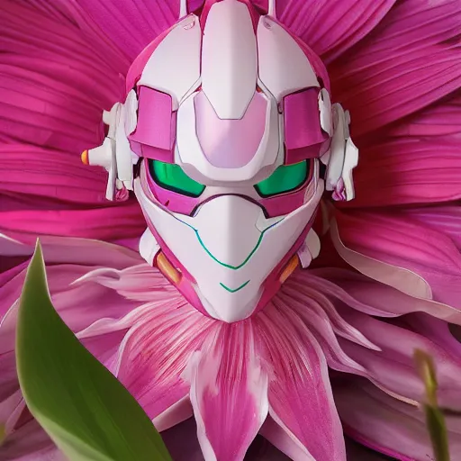 Image similar to futuristic pink nymphaea themed mecha waterlily upper body, sepals forming helmet, highly detailed, nymphaea, 8 k hd resolution, barbatos gundam with floral inlay, bandai box art, star wars, makoto kobayashi, frank gehry, raymond swanland