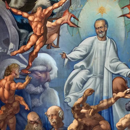 Image similar to a church mural depicting joe biden as a god, 4 k, highly detailed, painted by michelangelo