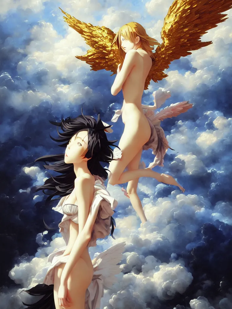 Image similar to baroque oil painting of key visual victoria secret angels, clouds, brutalist fantasy, rule of thirds golden ratio, fake detail, trending pixiv fanbox, acrylic palette knife, style of makoto shinkai takashi takeuchi yoshiyuki sadamoto