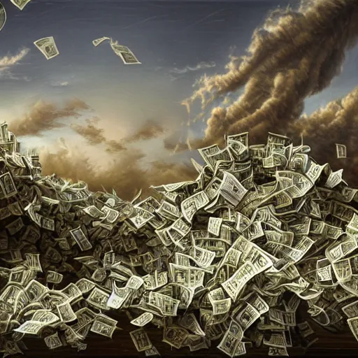 Prompt: huge tornado made of dollar bills, heavy winds carrying dollars in the air, dark clouds of cash in the background, Realistic, Regal, Refined, Detailed Digital Art, Michael Cheval, Walt Disney (1937), François Boucher, Oil Painting, Steampunk, Highly Detailed, Cinematic Lighting, Unreal Engine, 8k