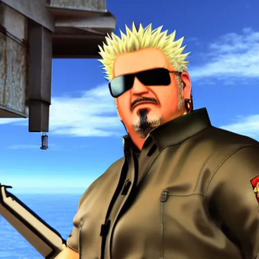 Prompt: Guy Fieri as a Metal Gear Solid Villain 2005 JRPG cinema 4d render, Ray tracing reflection, natural lighting, Unreal Engine award winning photography