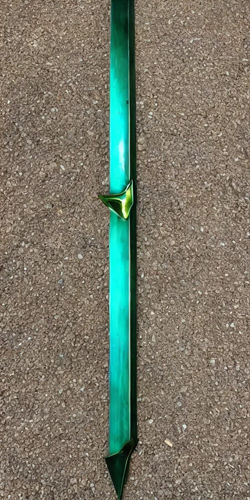 Image similar to photograph of a wide green and teal crystal sword blade attached to a big gold sword hilt