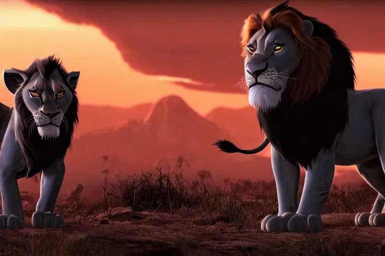 Image similar to scar ( from the lion king ), heavily armed and armored facing down armageddon in a dark and gritty version from the makers of fallout : war never changes