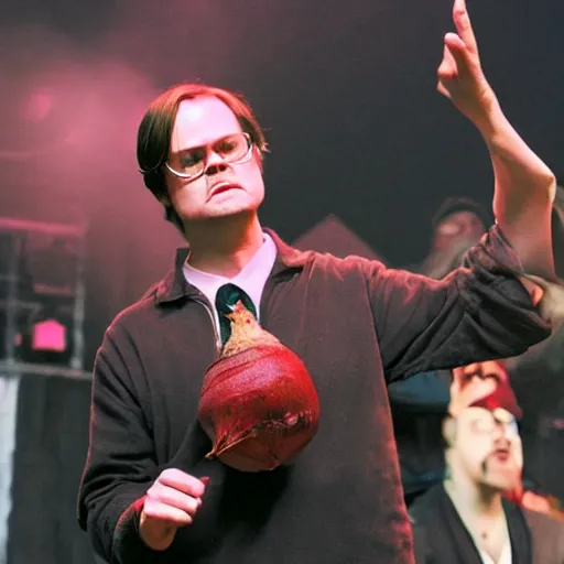 Prompt: Dwight schrute on stage at a hip hop concert throwing beets at the crowd