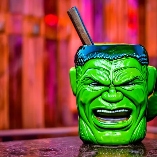 Prompt: a closeup photorealistic photograph of a glossy hulk style tiki mug sitting at an outdoor trader vic's bar featuring hulk's face. tiki theme. green. bright scene. fine detail. this 4 k hd image is trending on artstation, featured on behance, well - rendered, extra crisp, features intricate detail, epic composition and the style of unreal engine.
