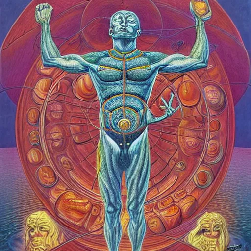 Prompt: atlas holding the world on his back by alex grey