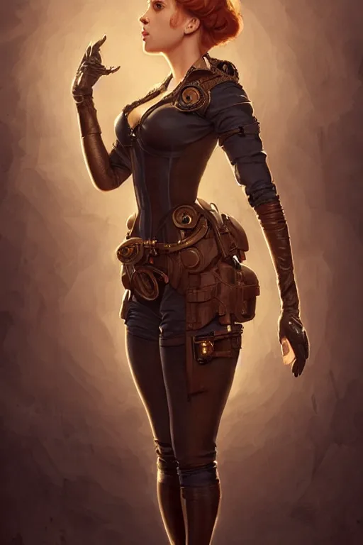 Image similar to Scarlett Johansson in a steampunk outfit, anatomy, only two hands, highly detailed, digital painting, artstation, concept art, smooth, sharp focus, illustration, Unreal Engine 5, 8K, art by art by artgerm and greg rutkowski and edgar maxence