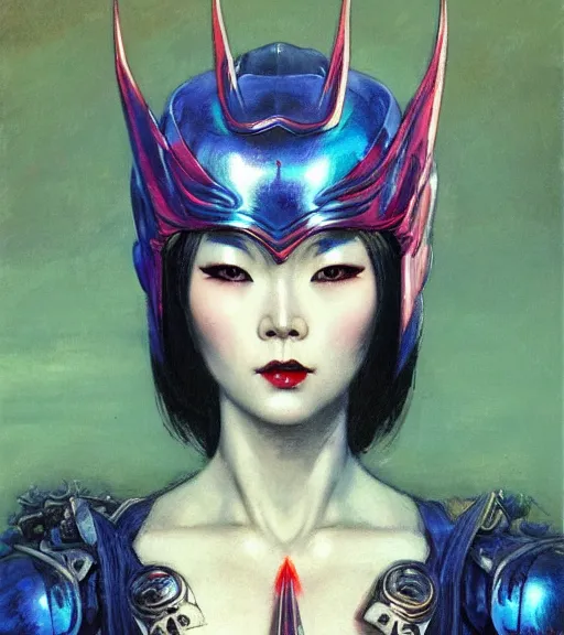 Image similar to portrait of strong korean female chaos angel, beautiful! coherent! by frank frazetta, by brom, strong line, vivid neon color, spiked scrap metal armor, iron helm, high contrast, maximalist