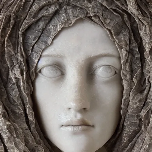 Image similar to a masterpiece marble sculpture of the veiled virgin, subsurface cracks, !dramatic !face, !female, covered in intricate !detailed !!streaked veil , physically based rendering, ultra photo realistic, cinematic lighting , dark background by Dan Hillier