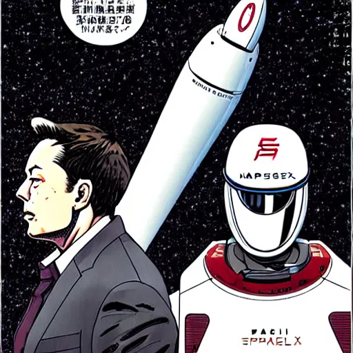 Prompt: elon musk and spacex manga by katsuhiro otomo