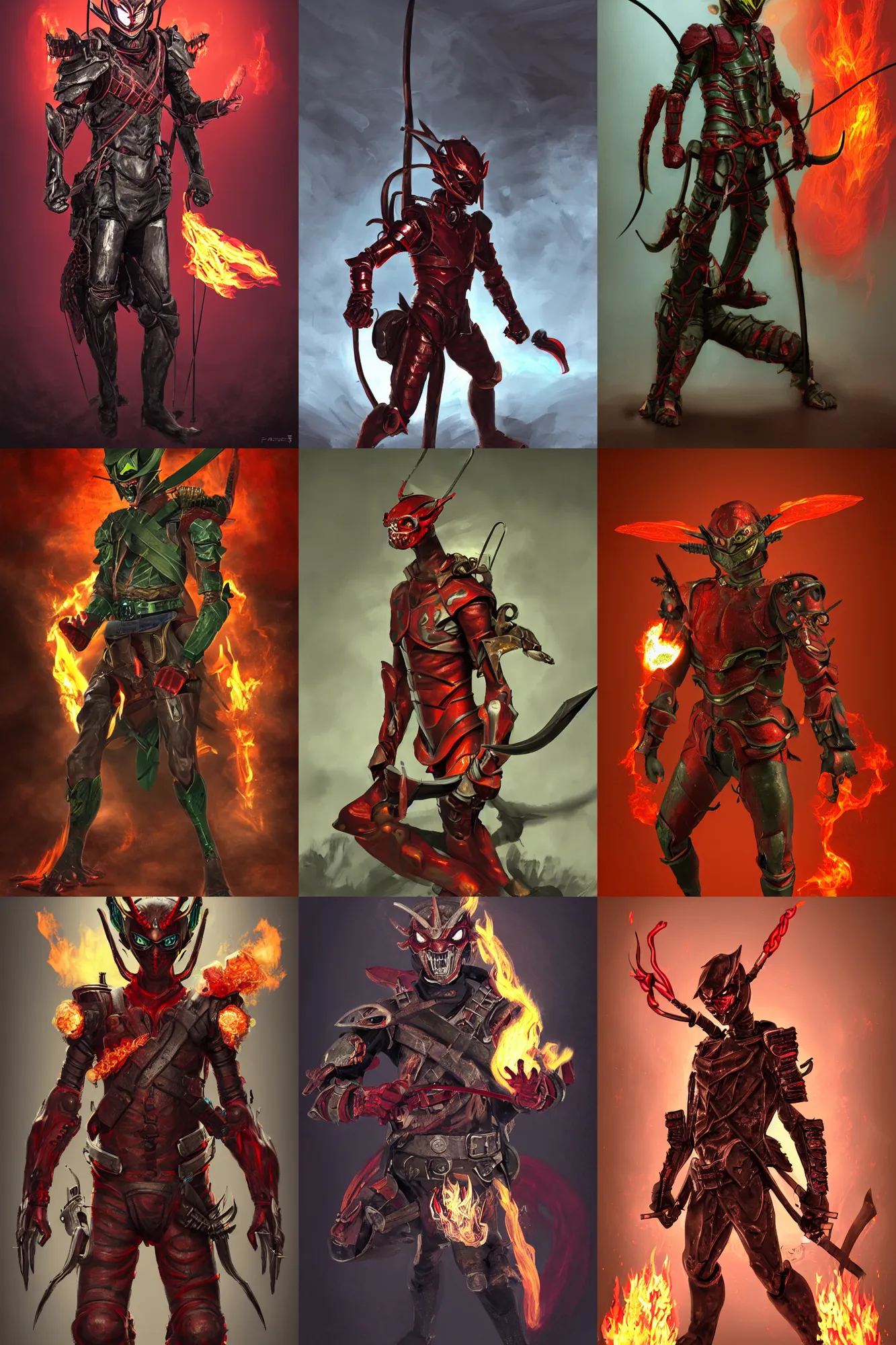 Prompt: character portrait of a snarling humanoid demonic monster archer kamen rider with fire eyes and a glowing mouth doing a henshin pose, matte painting, dramatic lighting, 8 k, rubber suit, digital painting, concept art, muted colors, red colors, moody colors, rusted walls, broken pipes, church cathedral, in the style of frank frazetta and john singer sargent