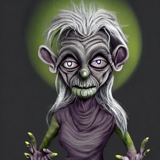 Prompt: creepy old goblin lady with magical nature powers, silver hair, dark yellow eyes, and a pep in her step, digital art