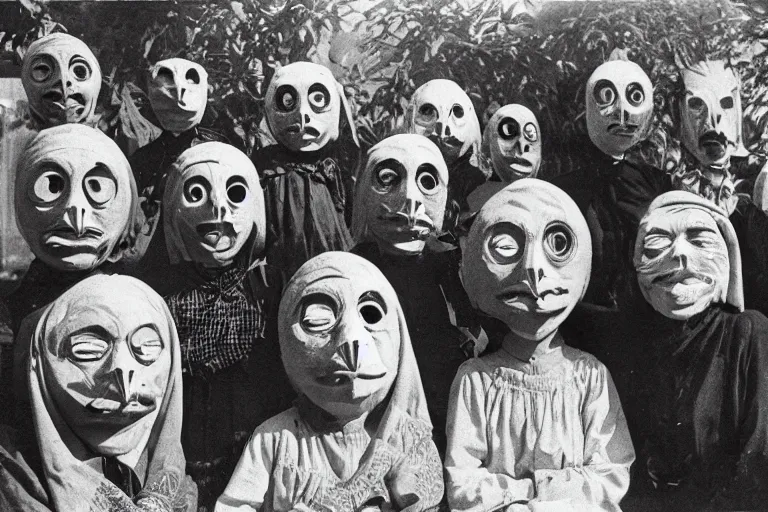 Image similar to vintage photo of villagers wearing weird masks, eerie, bizarre, highly detailed shot, dramatic 8 k uhd