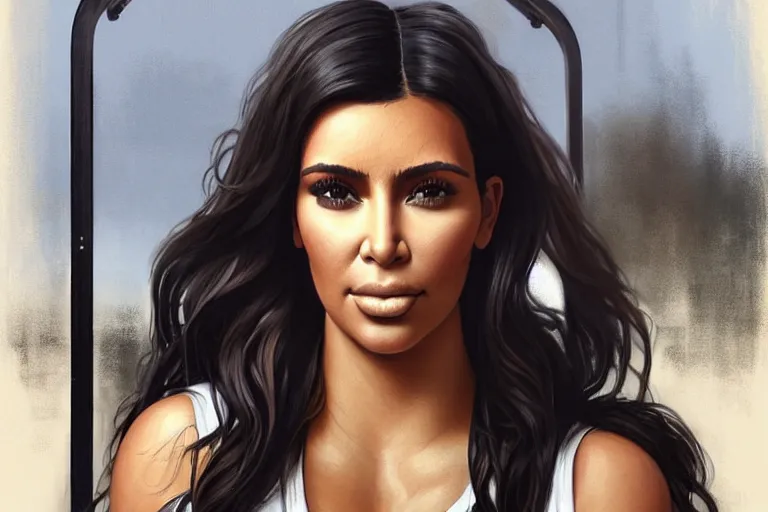 Image similar to pregnant kim kardashian in a white tank top leaning sat at a bus stop, realistic portrait, symmetrical, highly detailed, digital painting, artstation, concept art, smooth, sharp focus, illustration, cinematic lighting, art by artgerm and greg rutkowski and alphonse mucha