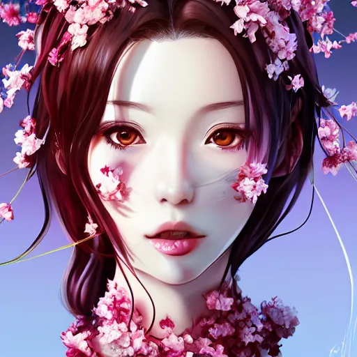 Prompt: the portrait of the absurdly beautiful, graceful, elegant, gorgeous, fashionable photorealistic anime idol woman made of cherries and cherry blossoms with tears, an ultrafine hyperdetailed illustration by kim jung gi, intricate linework, bright colors, octopath traveler, final fantasy, unreal engine highly rendered, global illumination, radiant light, intricate environment